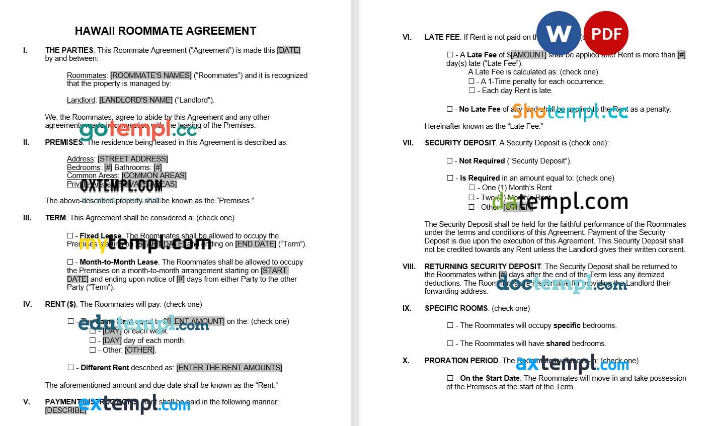 Hawaii Roommate Agreement Form Word example, fully editable