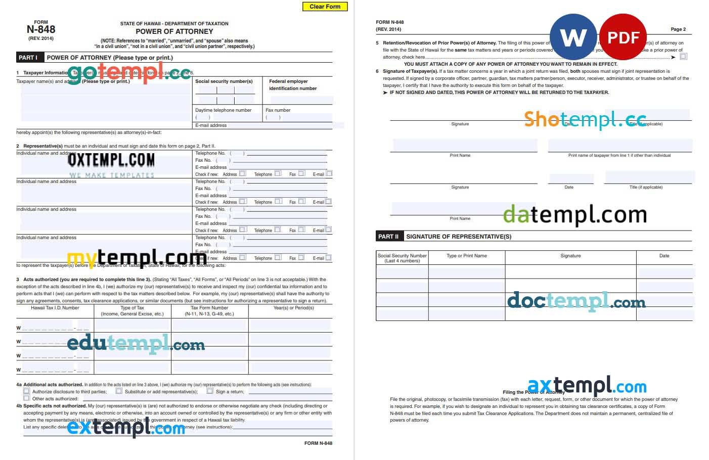 Hawaii Tax Power of Attorney (Form N-848) example, fully editable