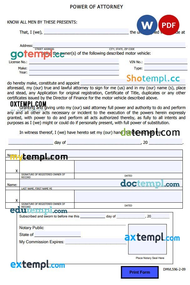 Hawaii Vehicle Power of Attorney Form example, fully editable