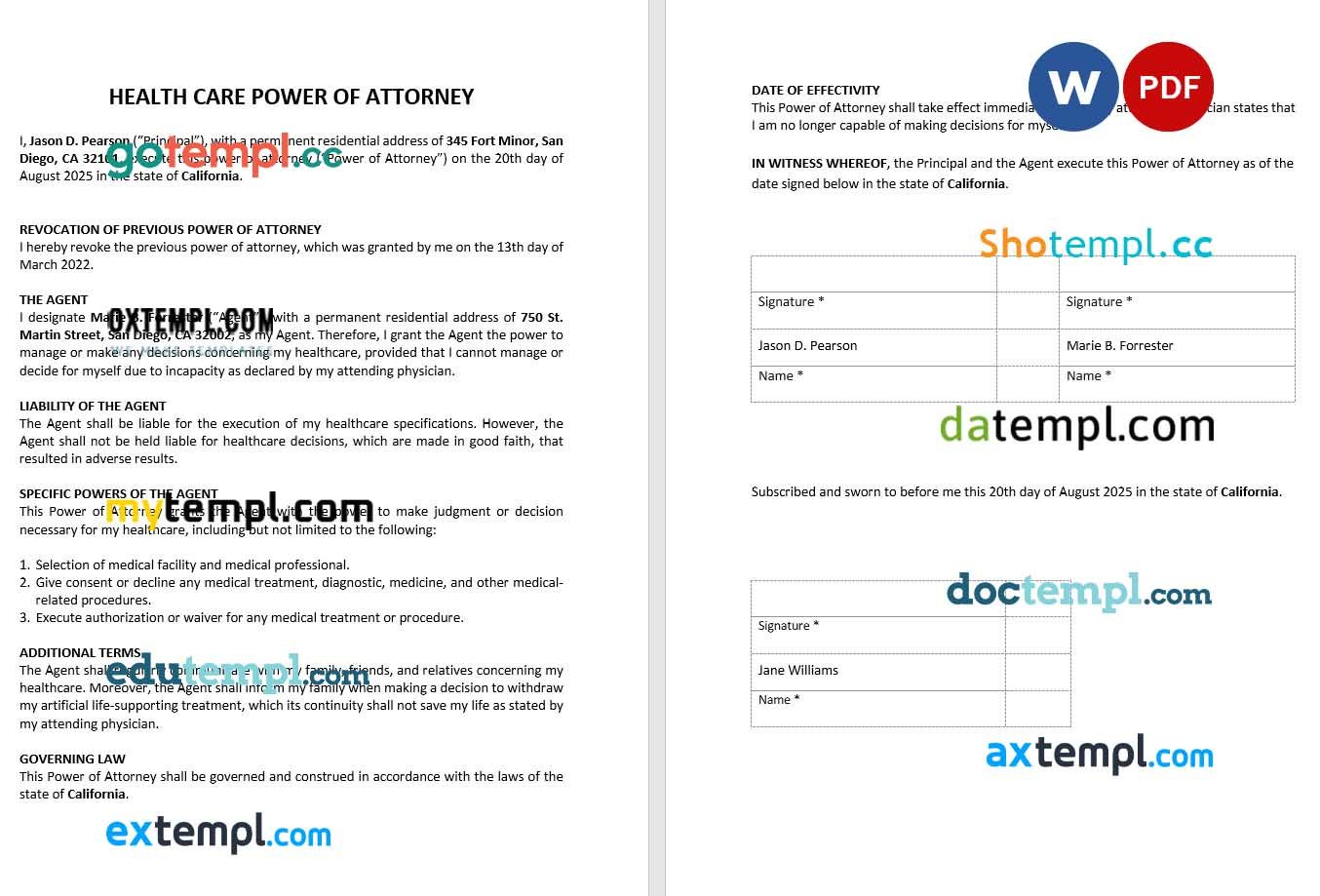 Health Care Power of Attorney example, fully editable