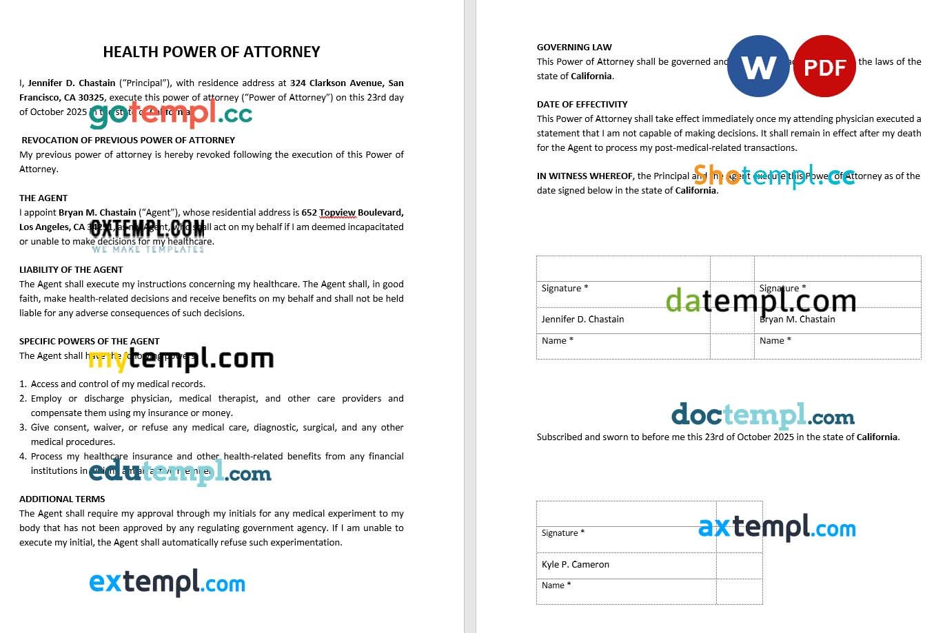 Health Power of Attorney Template example, fully editable