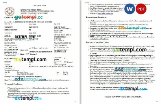 Himachal Road Transport Corporation bus e-ticket, Word and PDF download template, 3 pages