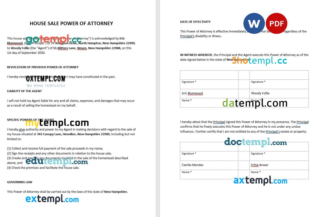 House Sale Power of Attorney example, fully editable