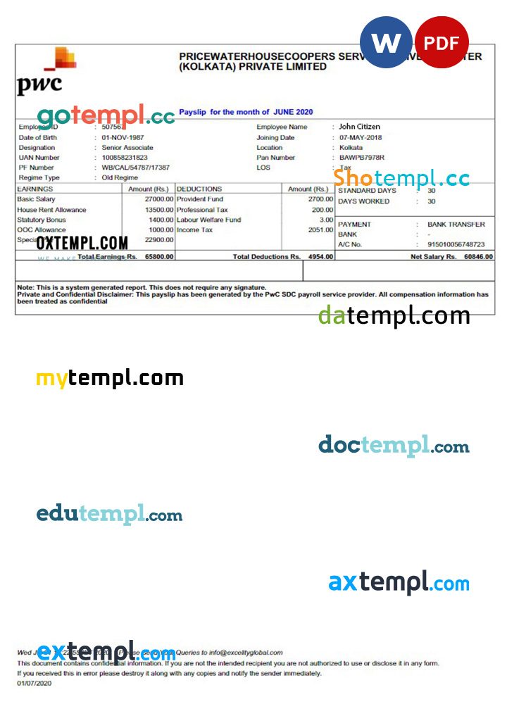 INDIA PRICEWATERHOUSECOOPERS Service Delivery Center (Kolkata) Private limited payslip example in Word and PDF formats