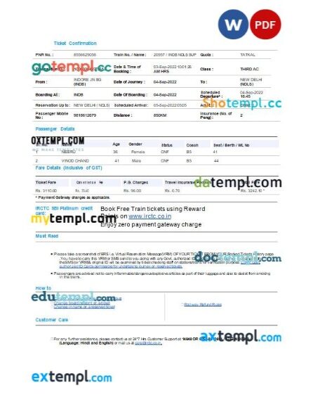 IRCTC train e-ticket, Word and PDF download template, version 2