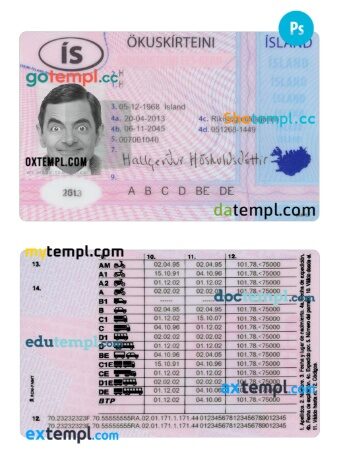 Iceland driving license download example in PSD format, 2013 - present