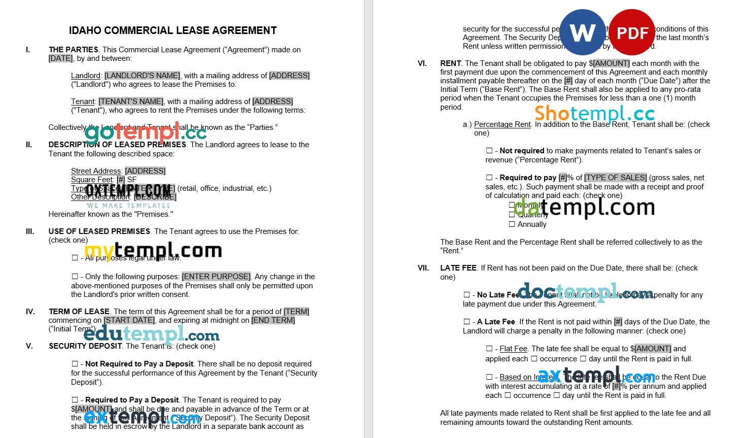 Idaho Commercial Lease Agreement Word example, fully editable