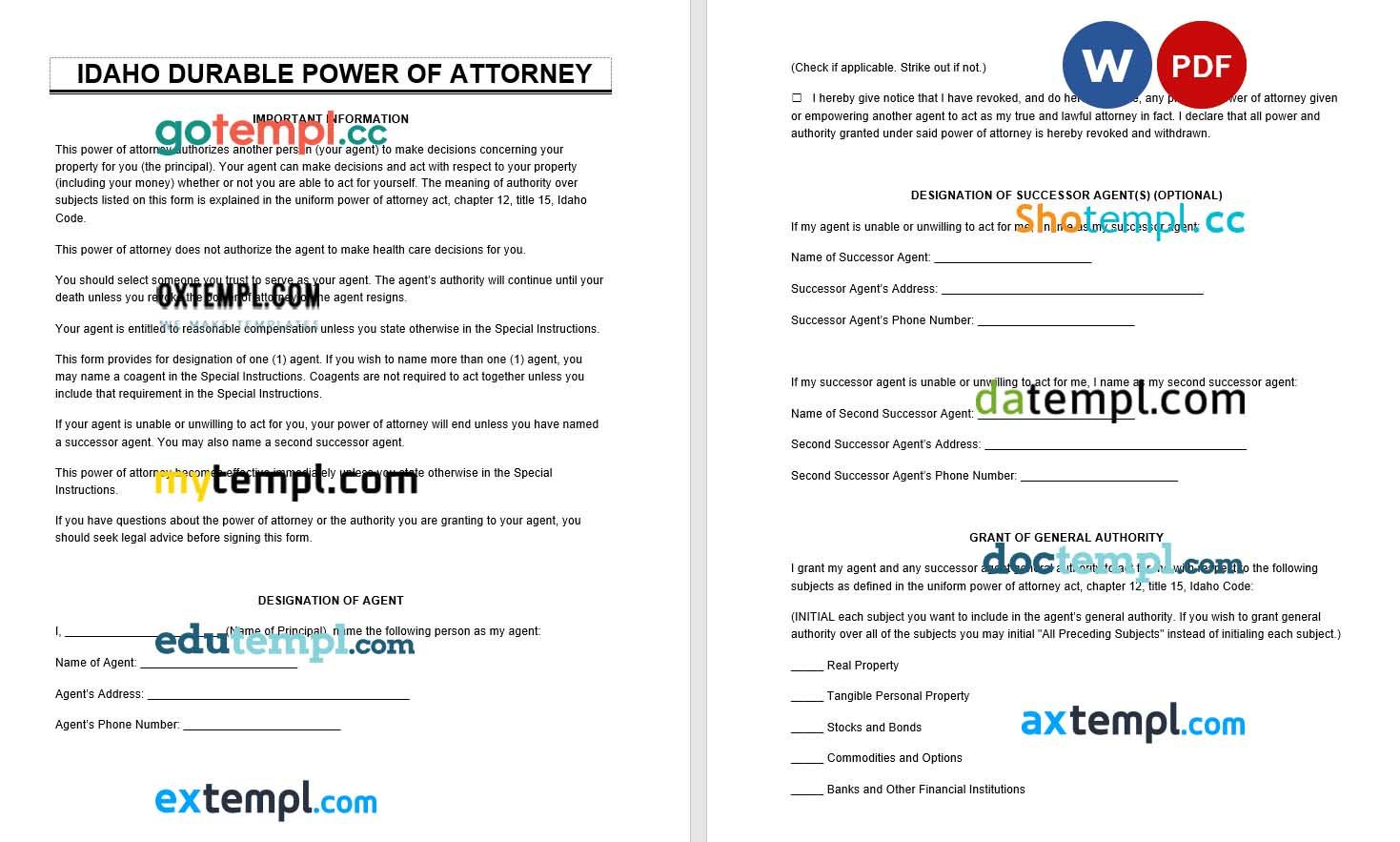 Idaho Durable Power of Attorney example, fully editable