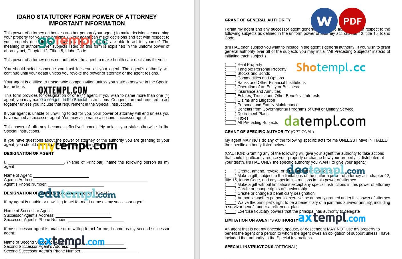 Idaho Durable Statutory Power of Attorney Form example, fully editable