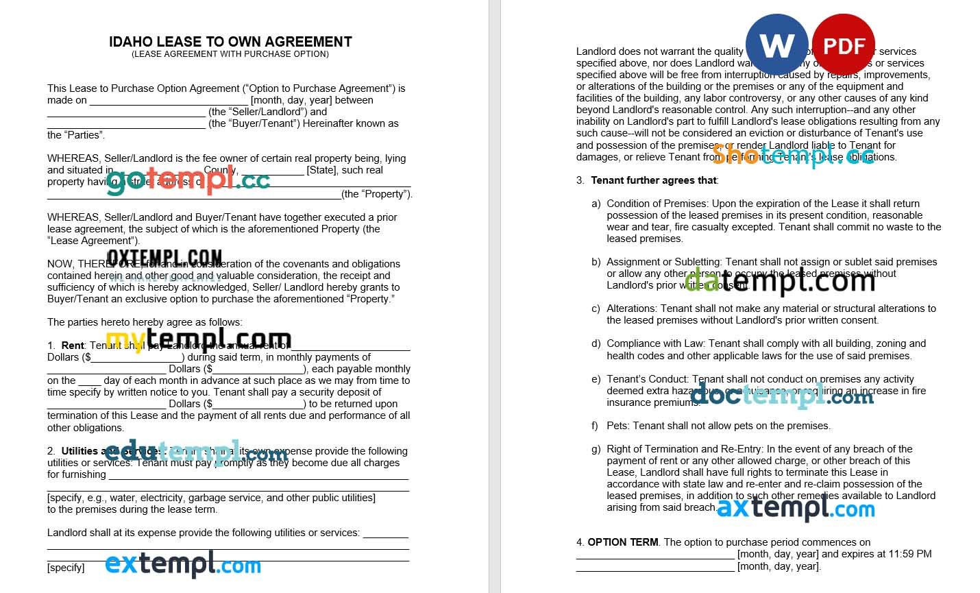 Idaho Lease Agreement with Option to Purchase Word example, fully editable