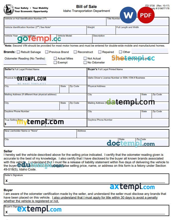 Idaho Motor Vehicle Bill of Sale Form example, fully editable