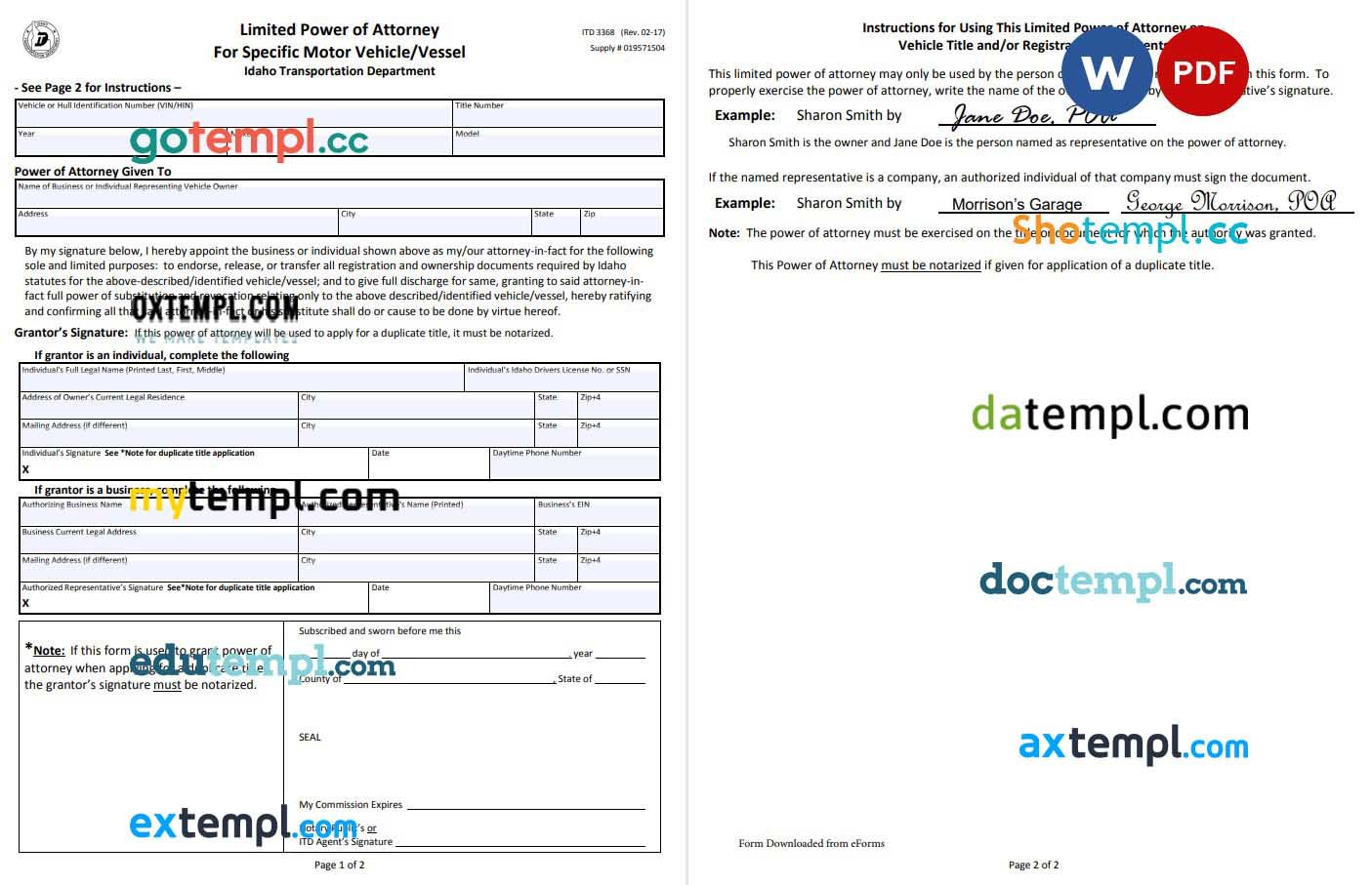 Idaho Motor Vehicle Power of Attorney Form example, fully editable