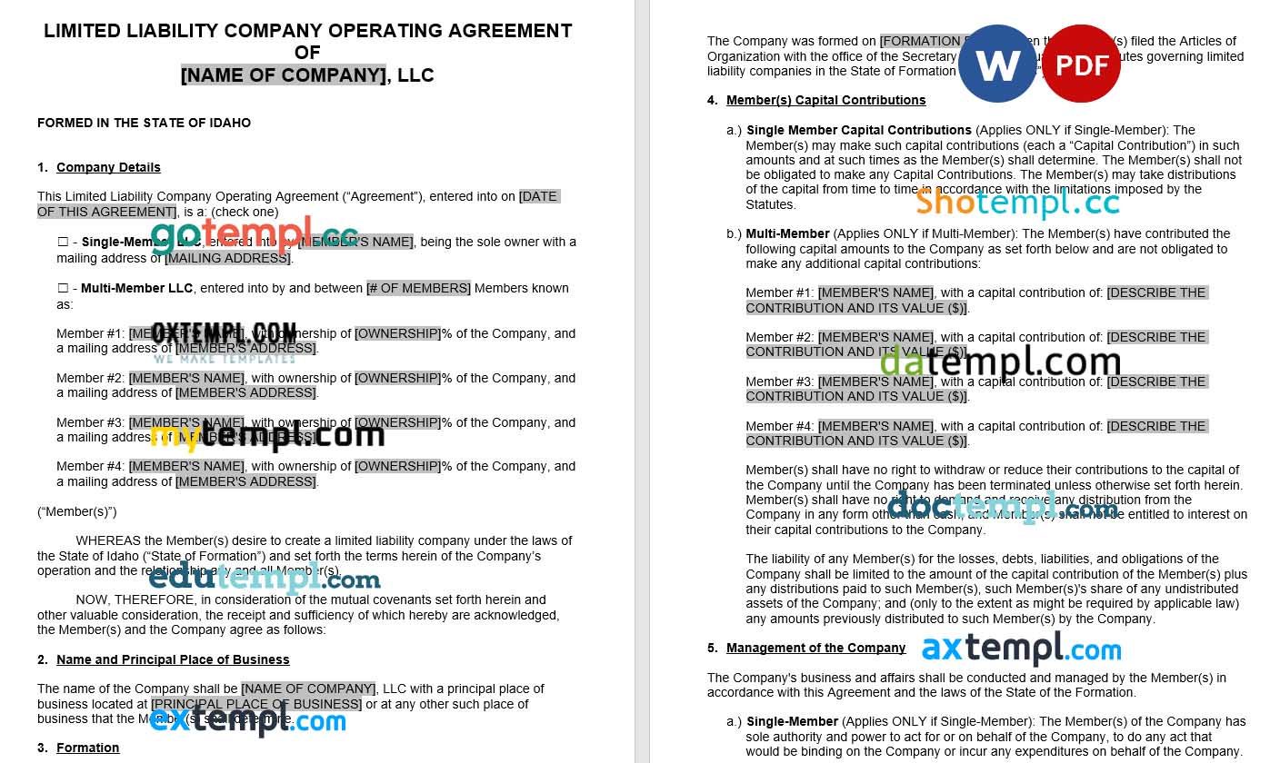 Idaho Operating Agreement Word example, fully editable