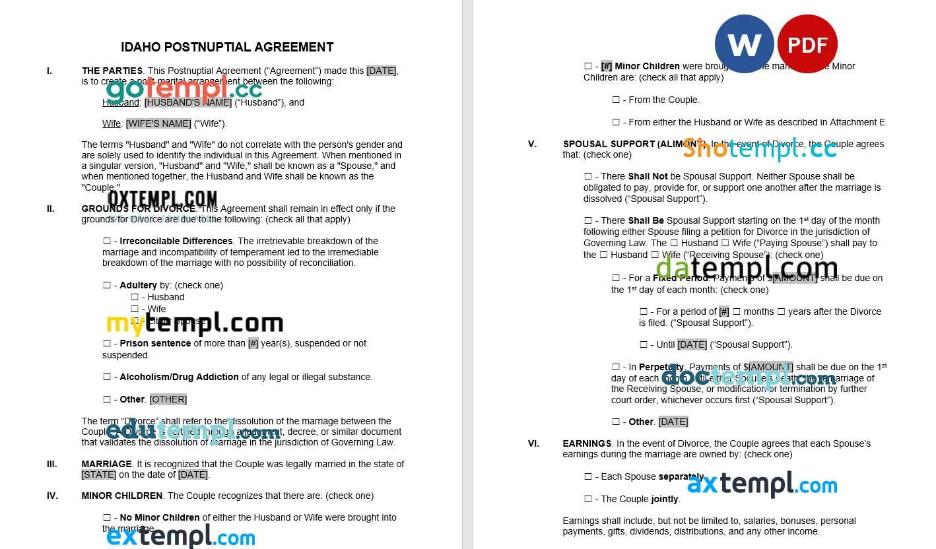 Idaho Postnuptial Agreement Word example, fully editable