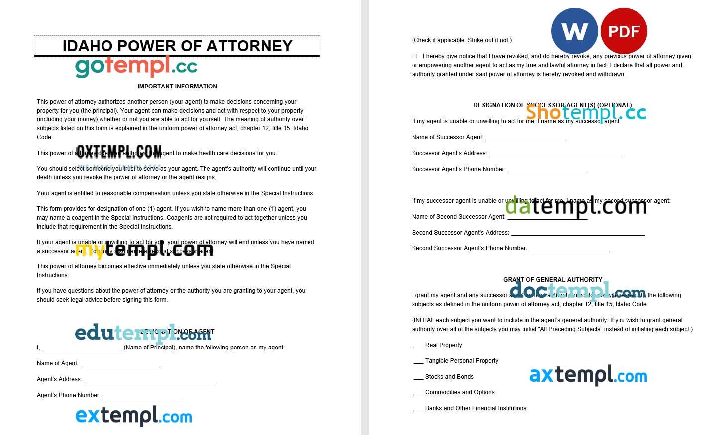 Idaho Power of Attorney example, fully editable