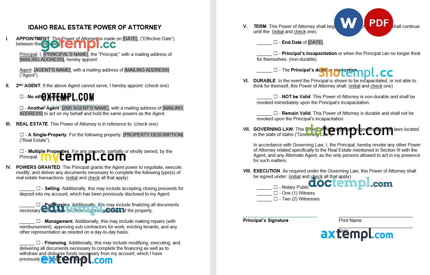 Idaho Real Estate Power of Attorney Form example, fully editable