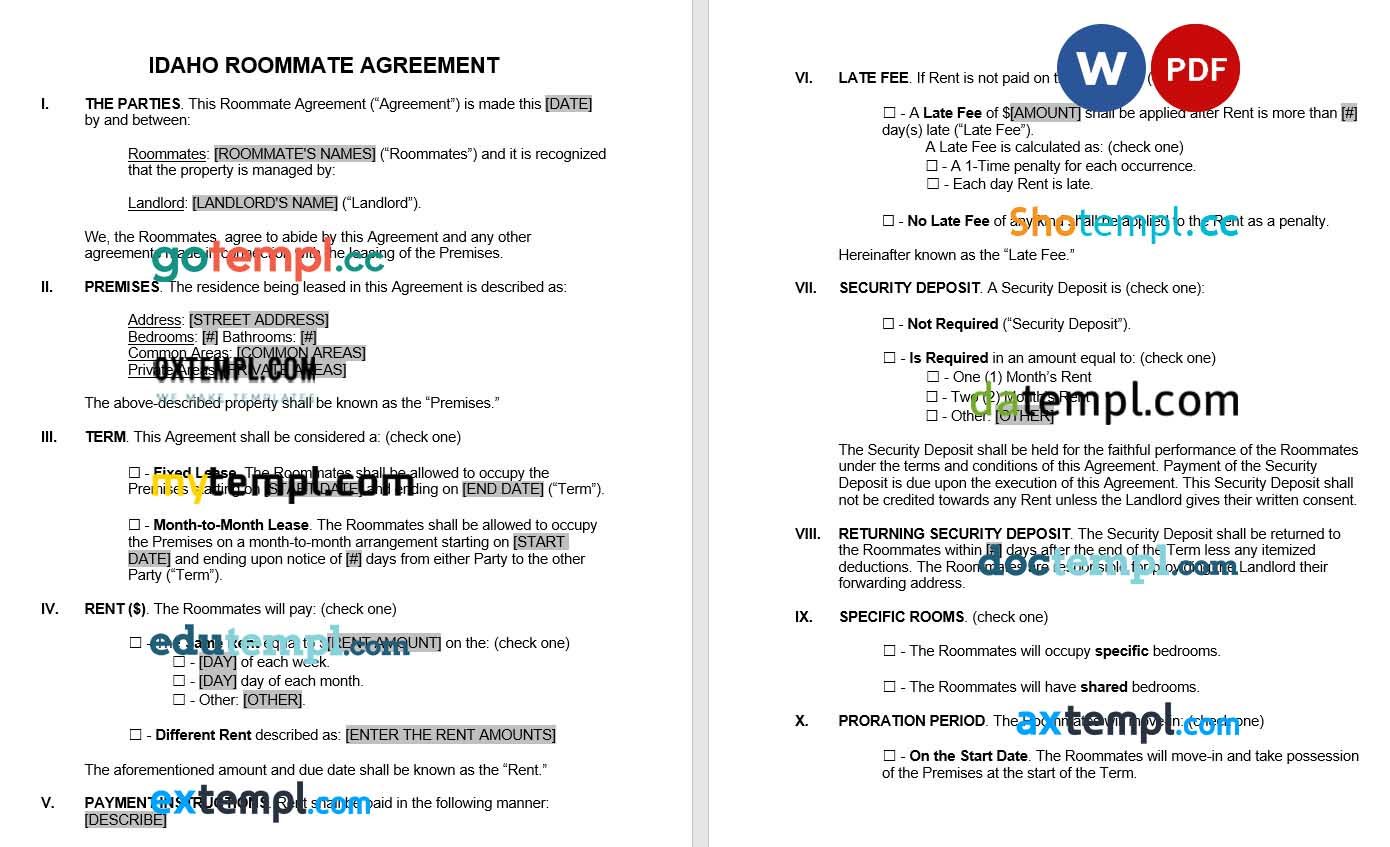 Idaho Roommate Agreement example, fully aditable