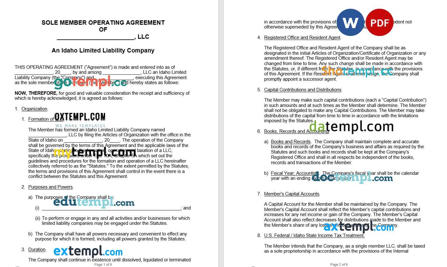 Idaho Single-Member LLC Operating Agreement Word example, fully editable