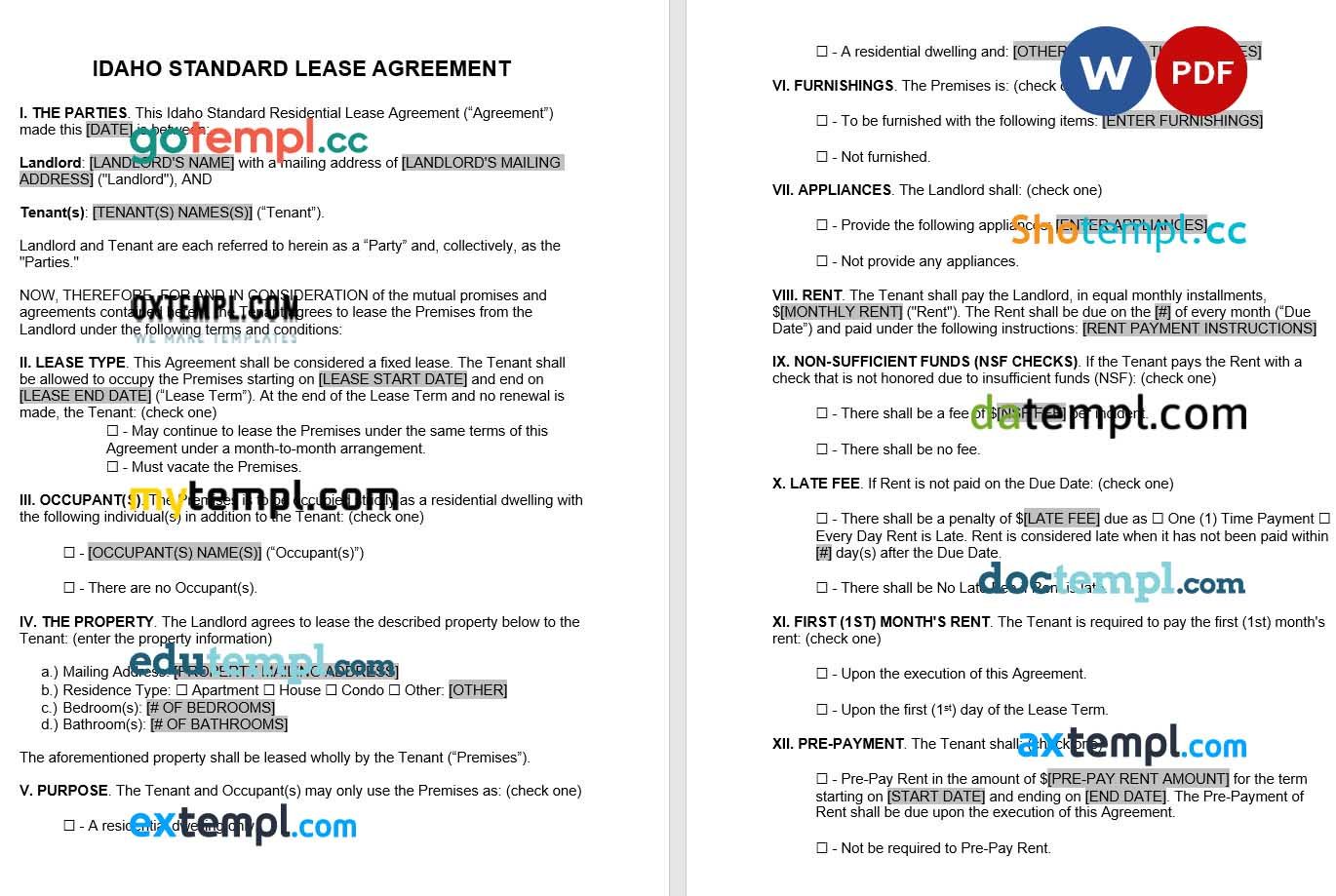 Idaho Standard Residential Lease Agreement example, fully editable