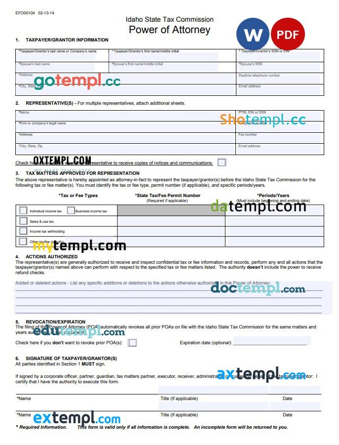 Idaho Tax Power of Attorney Form example, fully editable