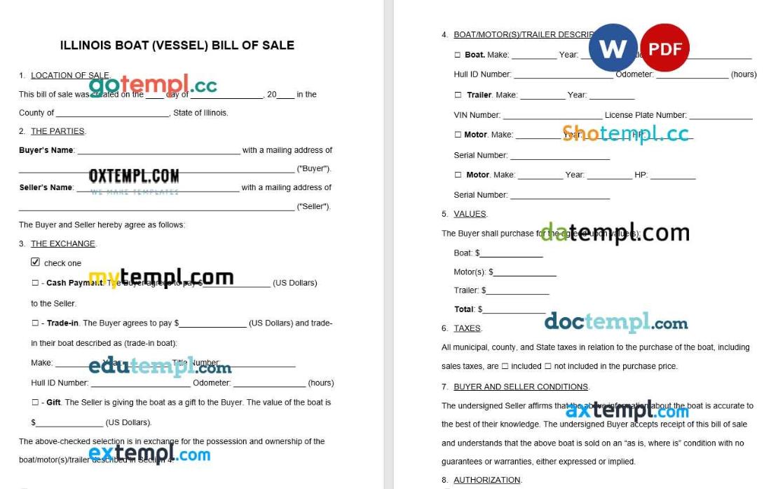 Illinois Boat Bill of Sale example, fully editable