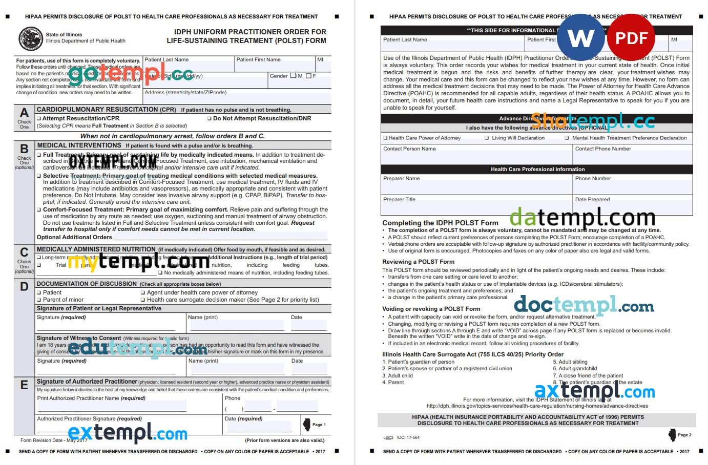 Illinois Do Not Resuscitate Order Form POLST example, fully editable