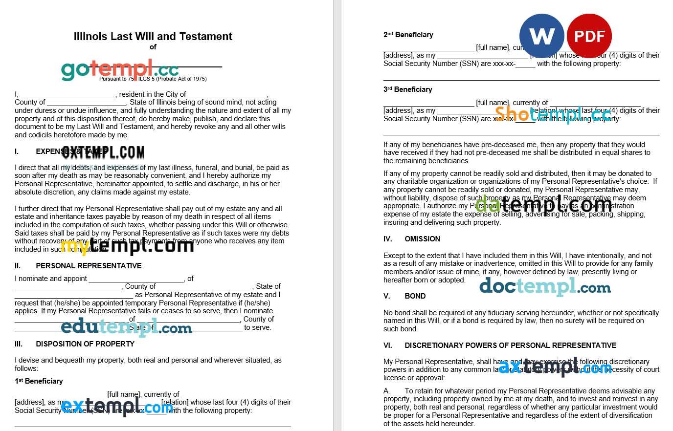 Illinois Last Will and Testamen example, fully editable