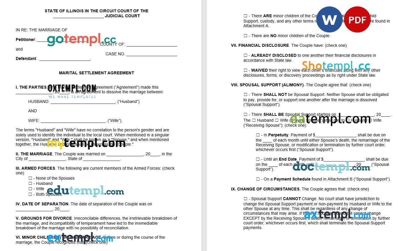 Illinois Marital Settlement Agreement Word example, fully editable