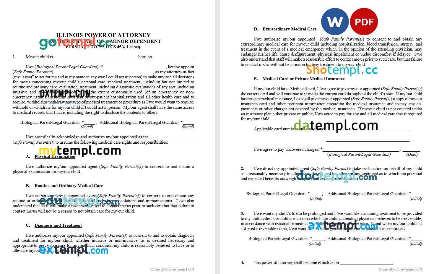 Illinois Minor Child Power of Attorney Form example, fully editable