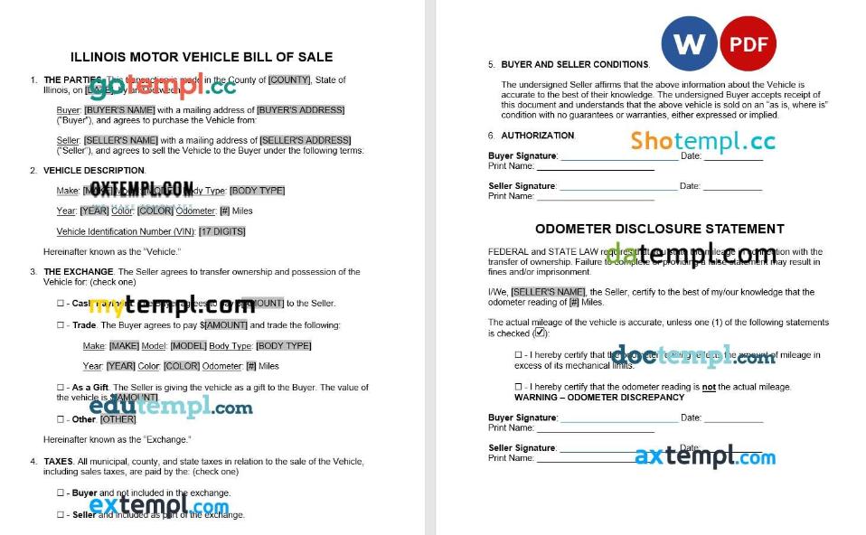 Illinois Motor Vehicle Bill of Sale example, fully editable