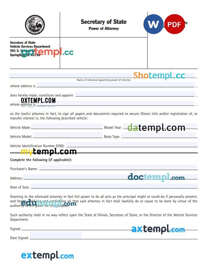 Illinois Motor Vehicle Power of Attorney Form example, fully editable