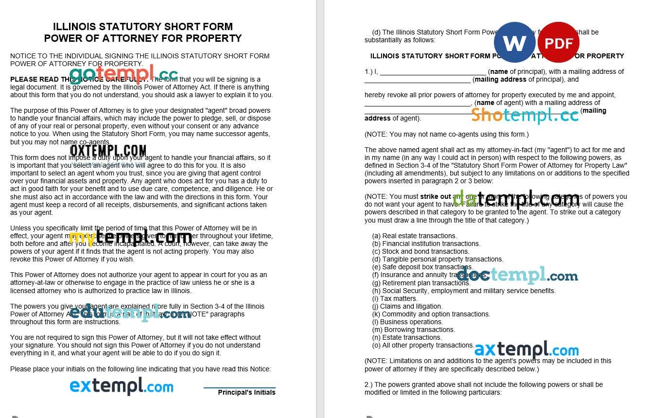 Illinois Statutory Short Form Durable Power of Attorney for Property example, fully editable