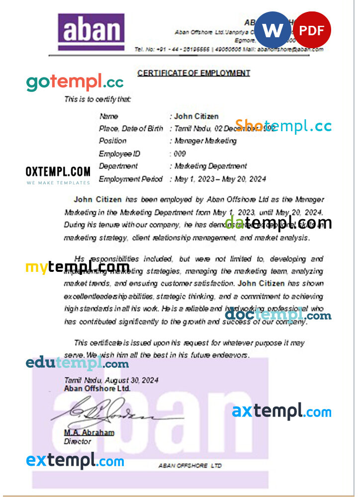 India Aban Offshore Ltd certificate of employment Word and PDF download template