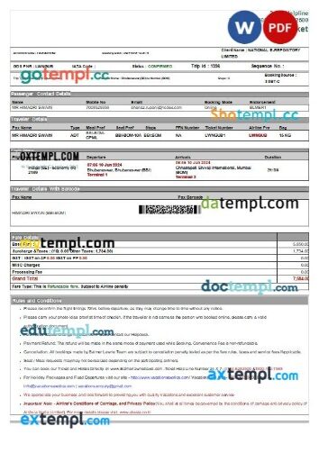 India Limited AirAsia airplane e-ticket, Word and PDF download template