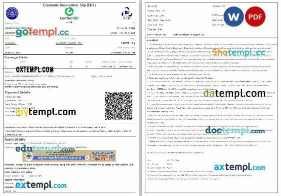 Indian Railways, Confirmtkt, IRCTC train e-ticket, Word and PDF download template, 3 pages