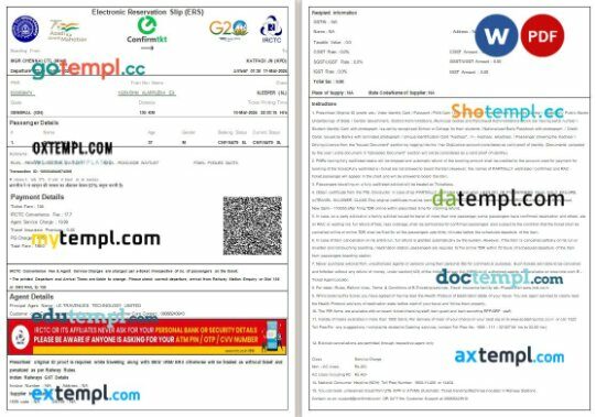 Indian Railways, Confirmtkt, IRCTC train e-ticket, Word and PDF download template, 3 pages, version 3