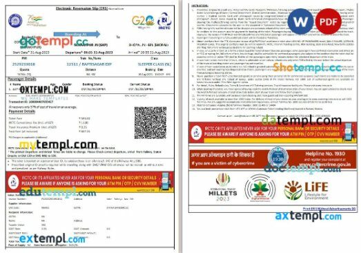 Indian Railways, IRCTC train e-ticket, Word and PDF download template, 2 pages