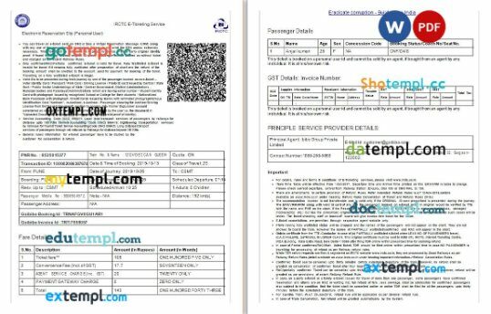 Indian Railways, IRCTC train e-ticket, Word and PDF download template, 4 pages