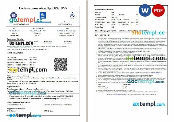 Indian Railways, Ixigo, IRCTC train e-ticket, Word and PDF download template, 2 pages