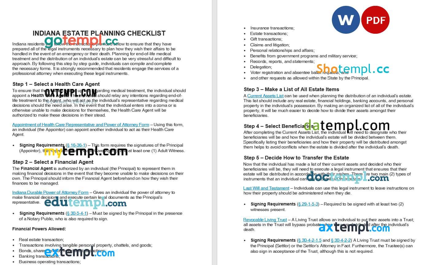 Indianna Estate Planning Checklist example, fully editable