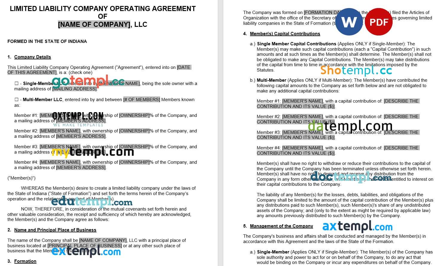 Indianna LLC Operating Agreement Word example, fully editable