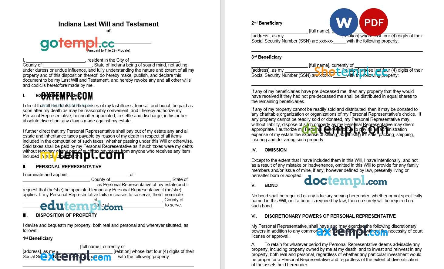 Indianna Last Will and Testament example, fully editable