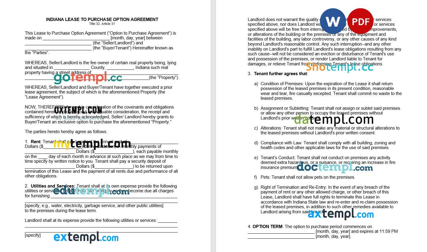 Indianna Lease to Own Option to Purchase Agreement Word example, fully aditable
