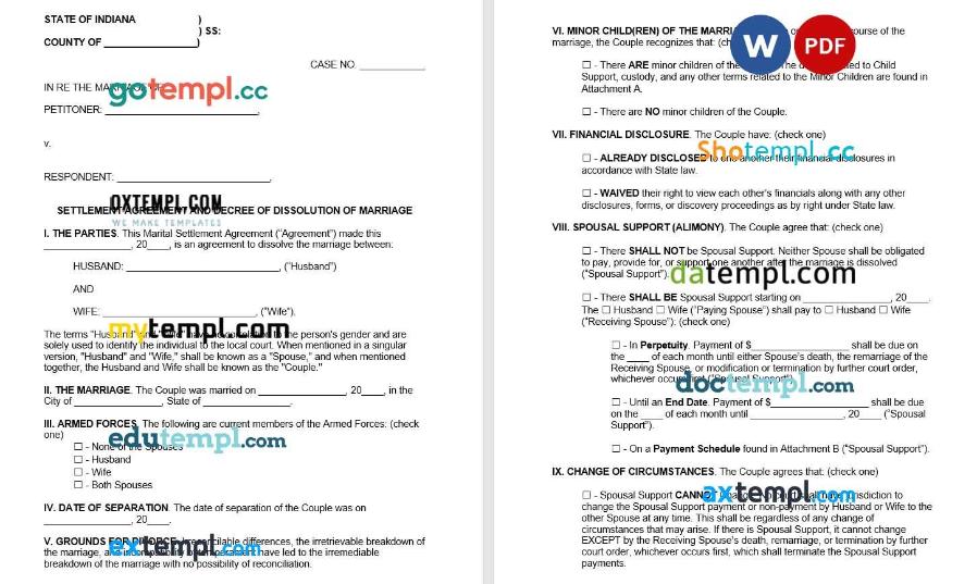 Indianna Marital Settlement Agreement Word example, fully editable