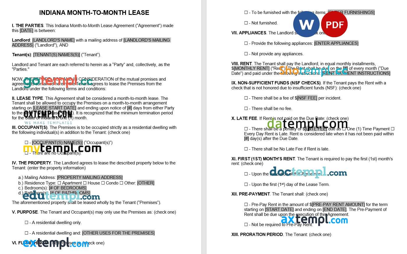 Indianna Month to Month Rental Agreement Word example, fully editable