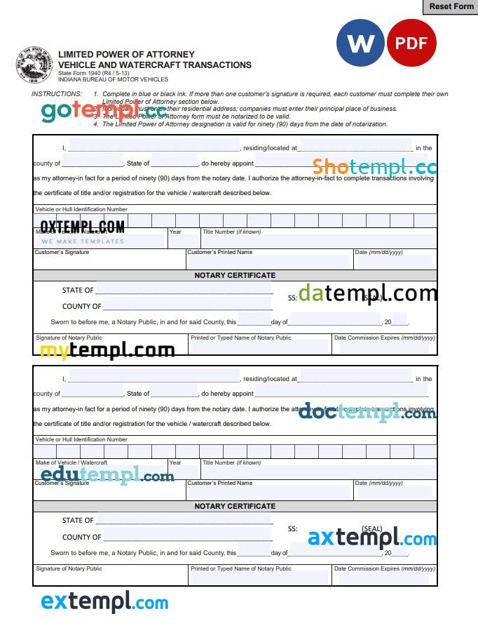 Indianna Motor Vehicle Power of Attorney Form example, fully editable