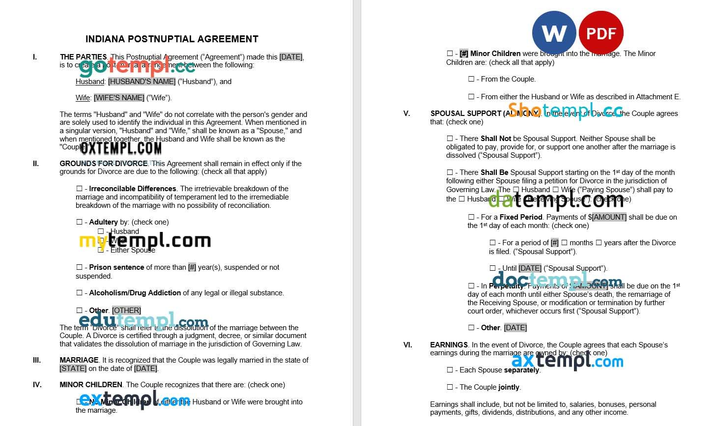 Indianna Postnuptial Agreement Word example, fully editable