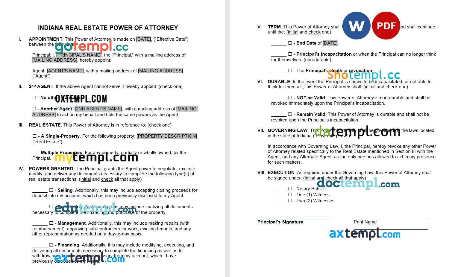 Indianna Real Estate Power of Attorney Form example, fully editable