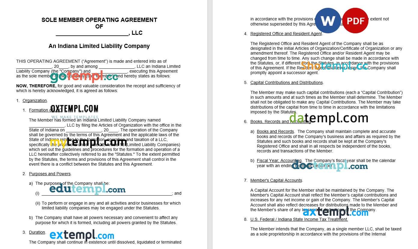 Indianna Single Member LLC Operating Agreement Word example, completely editable