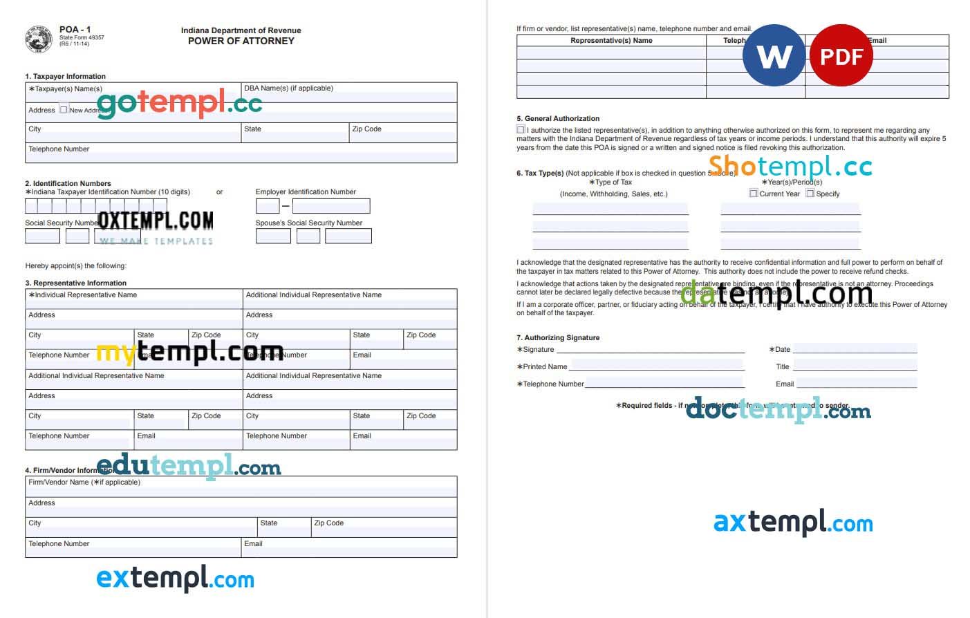 Indianna Tax Power of Attorney example, fully editable